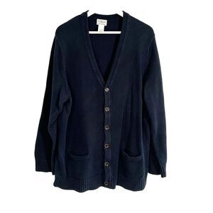 LL Bean Mens Cardigan Sweater Size XL Tall Navy Blue Pockets V-Neck Cotton
